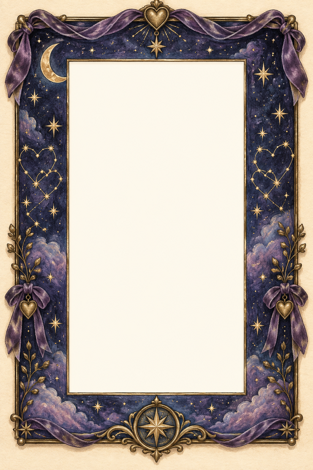 Tall indigo frame with gold heart constellations, velvet ribbon and crescent moon